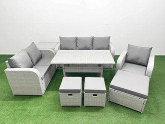 Fimous Patio PE Wicker 9 Seater Outdoor Rattan Furniture Sofa Sets w/ Rectangular Dining Table Reclining Chair Loveseat Sofa 3 Seater Sofa Stool Side