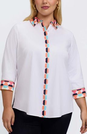 Foxcroft Luna Three-Quarter Sleeve Border Print Button-Up Shirt in White Multi at Nordstrom, Size 22W