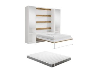 Vente-Unique Cama abatible vertical 140 x 200 cm - 2 columnas de almacenamiento - Con espejos y LEDs - Blanco y natural + Colch&oacute;n - RAPILI
