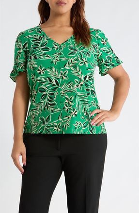 Anne Klein Tropical Floral V-Neck Button-Up Knit Top in Tropical Green Multi at Nordstrom, Size 1 X