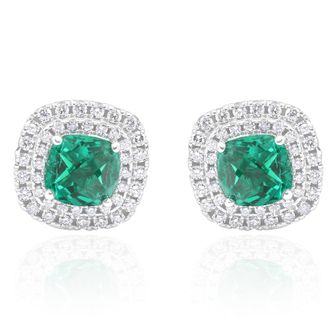 Pompeii3 4Ct Emerald & Lab Grown Diamond Cushion Halo Studs 14k White Gold