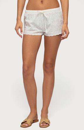 Edikted Talula Cotton Eyelet Tie Waist Shorts in White at Nordstrom, Size X-Small