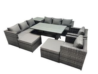 Fimous Garden Rattan Furniture Set 10 Seater with Side Table 2 Big Stools in Dark Grey
