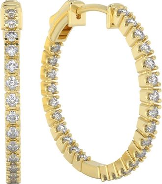 Pompeii3 1 Ct Diamond Inside Outside Hoops Lab Grown Earrings Yellow Gold 1Tall