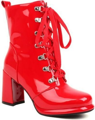Generic Womens Chunky High Heel Platform Boots Lace Up Short Boots with Side Zipper Round Toe Patent Leather Ankle Boot,Red,5.5 UK
