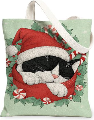 Generic Christmas Cat Canvas Tote Bags, Cute Kitty Holiday Design Reusable Shopping Bags, Festive Lightweight Washable Shoulder Str, Green, 13x15 Inch