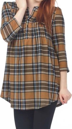 Papillon Check Pleated Tunic Top In Brown