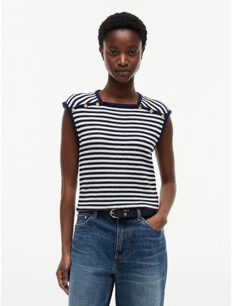 Tommy Hilfiger Womens Sleeveless Gold-Button Striped Sweater - Navy Blue / Ivory Stripe - L