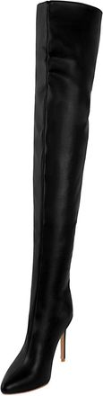 Generic Black,6.5 UK,Womens Leather PU Thigh High Boots Pointed Toe Back Zipper Fashion Comfy Stiletto Heels Over The Knee Boot Fall Winter Dress Shoes