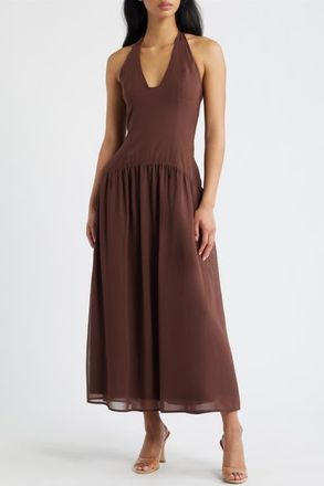 Princess Polly Chestnut Halter Neck Drop Waist Maxi Dress in Brown at Nordstrom, Size 10