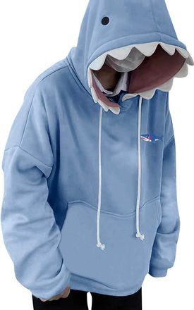 Generic Animal Hoodie - Cute Long Sleeve Blue Hoodies Shark Shape | Couple Pullover Animal Hooded Cartoon Sweatshirt for Men Women Comfy