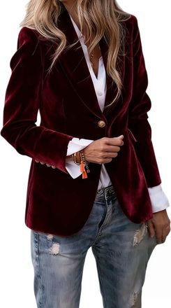 Generic Velvet Blazers for Women Button Long Sleeve Jacket Casual Lapel Open Front Cardigan Business Office Suit Jacket (Dark Red,L)