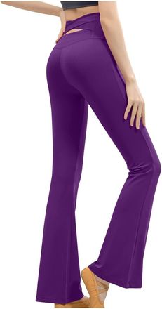 Generic Flare Leggings for Women High Waisted Crossover Bootcut Slim Workout Bootleg Trousers UK Scrunch Bums Leggings Plain No See Through Yoga Pants Dark Pu