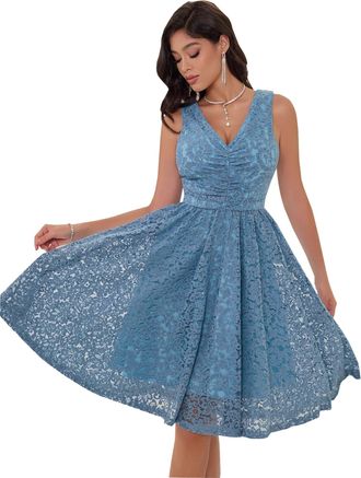 Angel Fashions Womens Lace A-Line Cocktail Dress Sleeveless V-Neck Midi Semi Formal Party Dress with Ruched Detail Size 16 Dusty Blue