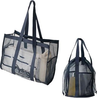 Generic 2 types Beach Tote Bag for Women, Large Cute Mesh Holiday Handbag, Summer Shower Shoulder Bags for Travel Swimming Pool(Dark blue)