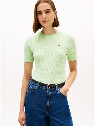 Tommy Hilfiger Womens Short-Sleeve Cable Knit Sweater - Green - XXL