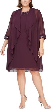 SLNY Embellished Cascade Overlay Dress in Aubergine at Nordstrom, Size 16W