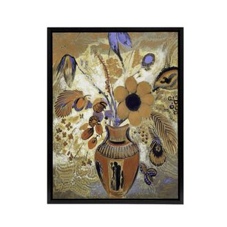 Artery8 Etruscan Vase with Flowers Redon Vintage Black Framed Canvas Wall Art in Brown | Size: W24 x H32