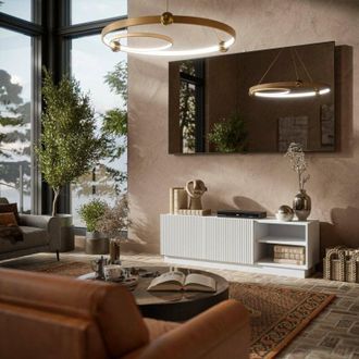 Dmora Mueble De Tv Finita, Aparador De Sal&oacute;n Con Dos Puertas Batientes, Dise&ntilde;o Minimalista Y Moderno, 150 X 40 X 48 Cm, Blanco