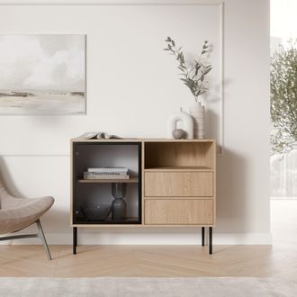 Dmora Credenza Caravino, Aparador 2 Cajones, 2 Estantes, Puerta Abatible, Corredera, 100x40x80h Cm Marr&oacute;n