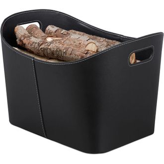 Relaxdays Cesto Portalegna xl, per Camino, Borsa in Similpelle, Stabile, con Manici, Legname, Ovale, Trasportabile, Nero - Relaxdays
