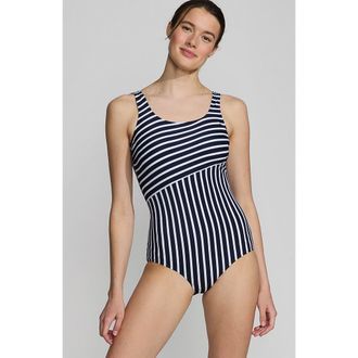 Lands End Long Chlorine Resistant Scoop Neck Soft Cup Tugless Sporty One Piece Swimsuit in Deep Sea/white Media Stripe at Nordstrom, Size 4