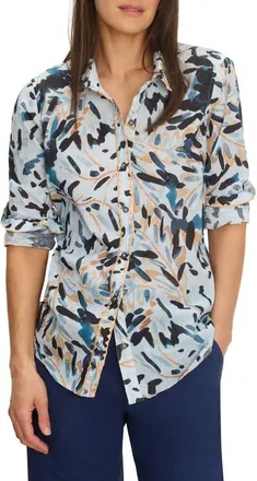 Nic+Zoe Abstract Floral Print Embroidered Cotton Button-Up Top in Blue Multi at Nordstrom, Size Xx-Large