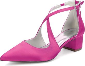 Generic Wedding Bridal Dress Shoes Womens Pointed Toe Ankle Strap Block Heel Pumps Patent Leather Low Heels 4.5Cm,Fuchsia,10 UK
