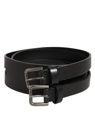 Dolce & Gabbana Black Double Strap Leather Silver Buckle Mens Belt