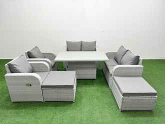 Fimous 8 Seater Outdoor Reclining Chair Love Sofa Set Rattan Garden Furniture Set w/ Adjustable Lifting Dining or Coffee Table 2 Big FootStools Light