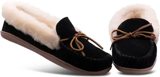 Minnetonka Womens Alpine Sheepskin Moccasin - Black Suede - Size 6