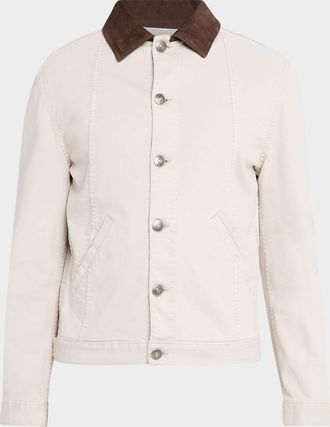 Brunello Cucinelli Men & apos;s Garment-Dyed Denim Leather-Collar Shirt Jacket