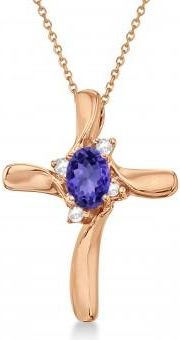 Allurez Tanzanite & Diamond Cross Necklace Pendant 14k Rose Gold (0.50ct)