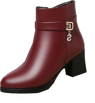 Generic Womens Leather Faux Wool Orthopedic Wedge Boots, High Heel Warm Waterproof Ankle Boots, Cusual Non-Slip Snow Shoes with Side Zipper (6.5,Red A)