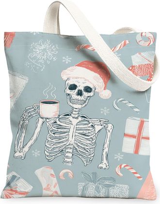 Generic Skeleton Holiday Canvas Tote Bags, Christmas Skeleton Pattern Reusable Grocery Bags, Vintage Fun Lightweight Washable, Blue, 13x15 Inch