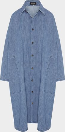 Eskandar Denim Wide A-Line Back-Pleat Shirtdress With Collar