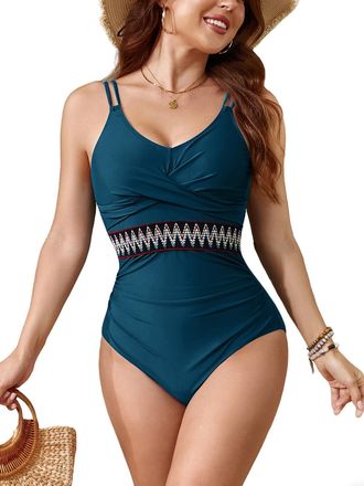 SHEKINI Women Twist Front One Piece Swimsuits Vintage Stripes V Neck Swimming Costume Lace Up Double Straps Tummy Control Bathing Suits