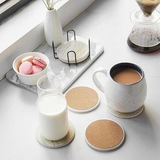 OEM Posavasos, Juego De 6, Posavasos De M&aacute;rmol Con Soporte, Para Vasos, Aspecto De M&aacute;rmol, Soporte Negro, Base De Corcho, Metal, Di&aacute;metro 10,3 Cm