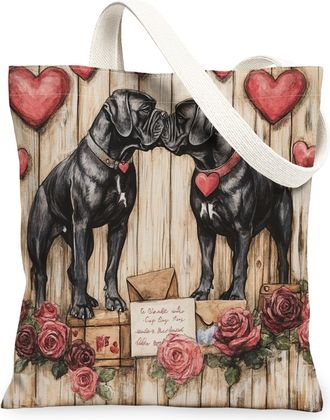 Generic Valentines Day Cockapoo Dog Canvas Tote Bag for Shopping 13x15, Rustic Couple Puppy Reusable Grocery Print Bag for Women, Pet Beach Aesthetic Painting