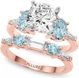 Allurez Cushion Lab Grown Diamond & Oval Aquamarine Bridal Set 18K Rose Gold (4.65ct)