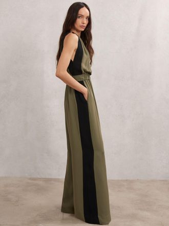 Reiss Khaki Green & black Colourblock Gathered Wide-leg Jumpsuit, 10