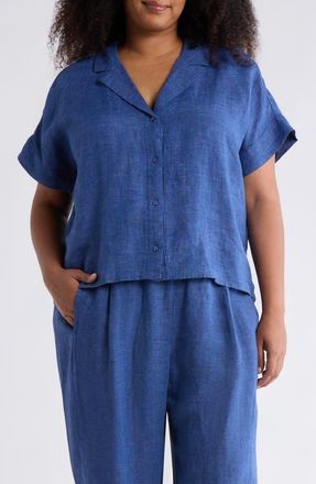 Eileen Fisher Notch Collar Organic Linen Button-Up Shirt in Deep Dive at Nordstrom, Size 3 X
