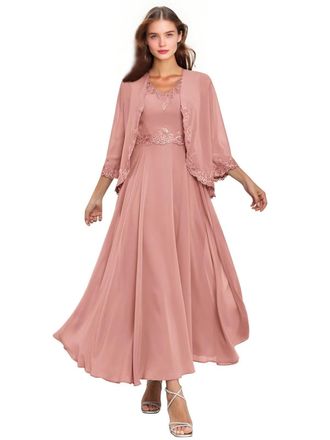 Generic Dusty Rose 2 Pieces Chiffon Mother of The Bride Dresses with Jacket 3/4 Sleeve Lace Formal Evening Gown Tea Length Wedding Guest Dress 18 Plus
