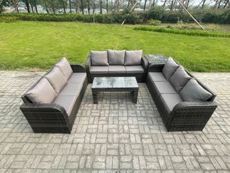 Fimous Outdoor Lounge Sofa Set Rattan Garden Furniture Set with Rectangular Coffee Table Side Table 3 Seater Sofa Dark Grey Mixed