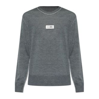 Maison Margiela Round-neck Knitwear, male, Gray, Size: XL Wool Sweater with Logo Patch