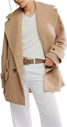 Free People Ari Herringbone Peacoat in Tan at Nordstrom Rack, Size X-Large
