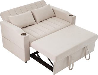STILVORA Sof&aacute; Convertible 2 Plazas En Algod&oacute;n Lino Con Respaldo Ajustable, 2 Portavasos Y 2 Cojines, Beige