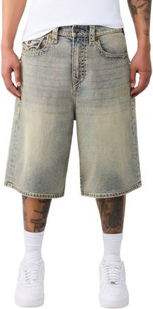True Religion Mikey Super T Flap Denim Shorts in Crossover Fade Medium Wash at Nordstrom, Size 29