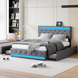 OEM Cama Doble 180x200 - Moderna Minimalista - 4 Cajones - Iluminaci&oacute;n Rgb - Puertos Usb Integrados