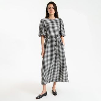 La Redoute Collections Wijde jurk, vichyprint, seersucker katoen, lang, korte ballonmouwen